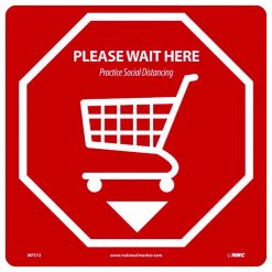 NATIONAL MARKER COMPANY WFS72 12” x 12” PLEASE WAIT HERE - SOCIAL DISTANCING FLOOR SIGN, ADHESIVE BACKED VINYL