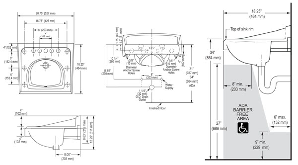 LAVATORY ADA VITREOUS CHINA W/ BACKSPLASH - 4" CENTERS WALL MOUNT LAVATORY ADA VITREOUS CHINA W/ BACKSPLASH - 4" CENTERS WALL MOUNT
