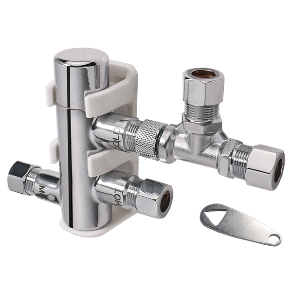 SHARKBITE 25687 CHROME 3/8” COMP THERMOSTATIC MIXING VALVE W/ TEE SHARKBITE 25687 CHROME 3/8” COMP THERMOSTATIC MIXING VALVE W/ TEE